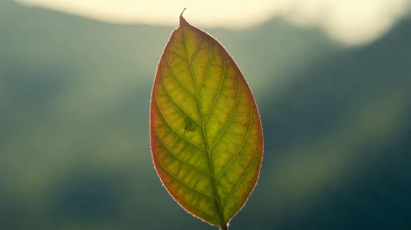 Abstract extreme macro of a single green leaf backlit by soft daylight so its fine branching veins glow, with a faint de