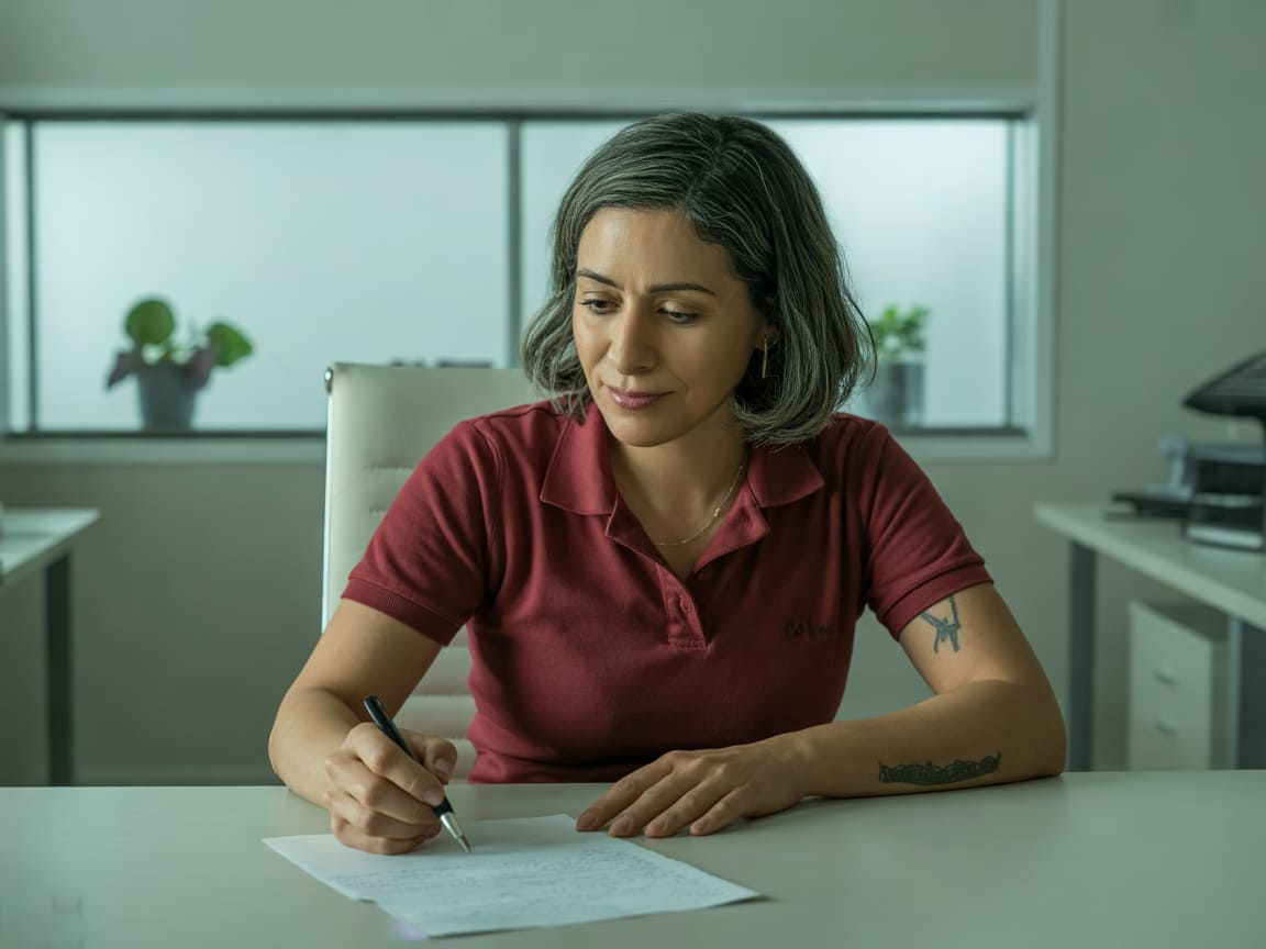Candid documentary photo of a warm Middle Eastern woman in her early forties with shoulder-length dark hair streaked wit