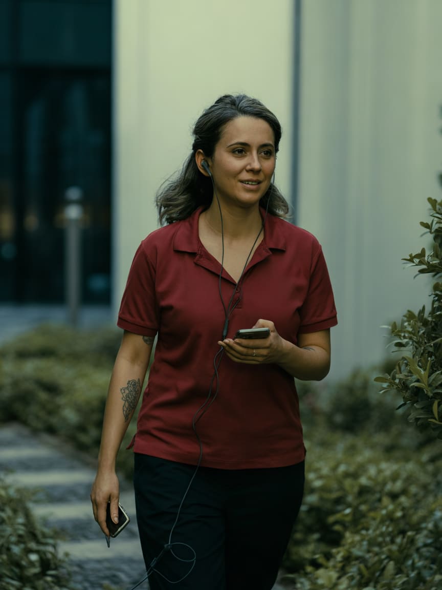 Candid documentary photo of the same Middle Eastern woman in her early forties with dark hair streaked with grey, a smal